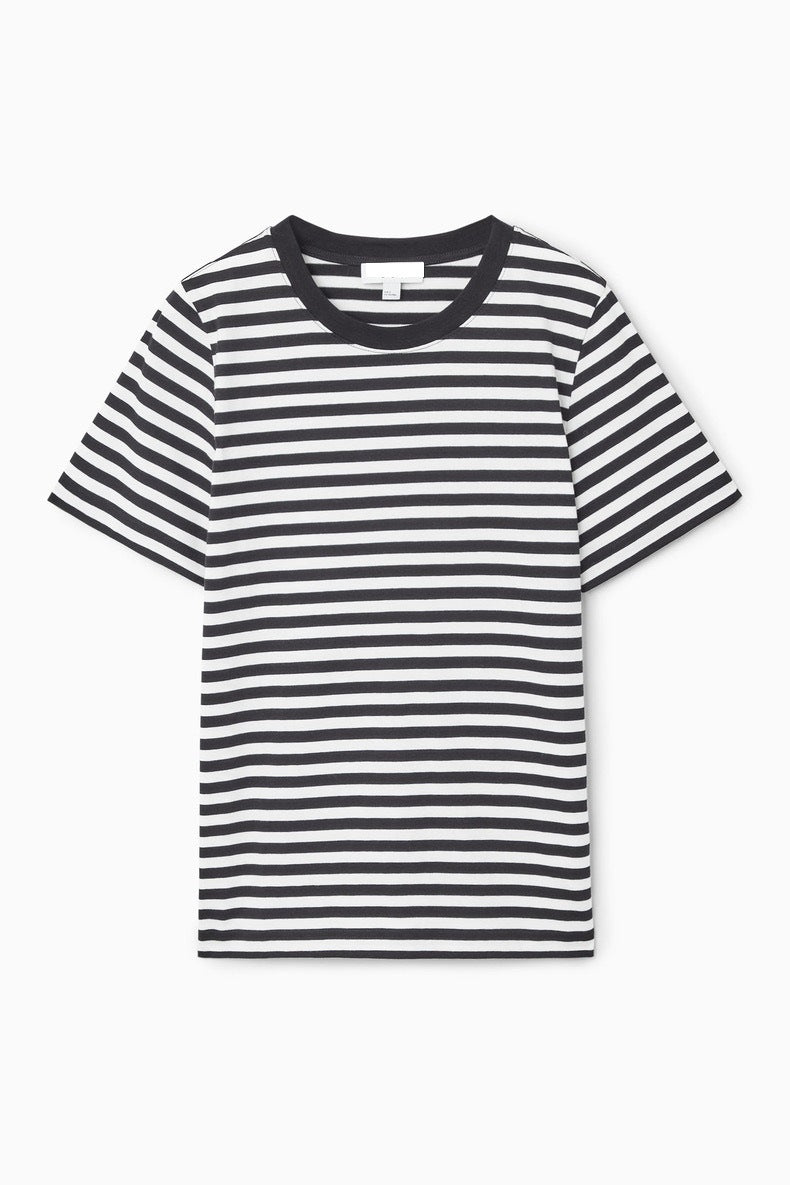 Striped Black and White Crew Neck Short Sleeve T-Shirt