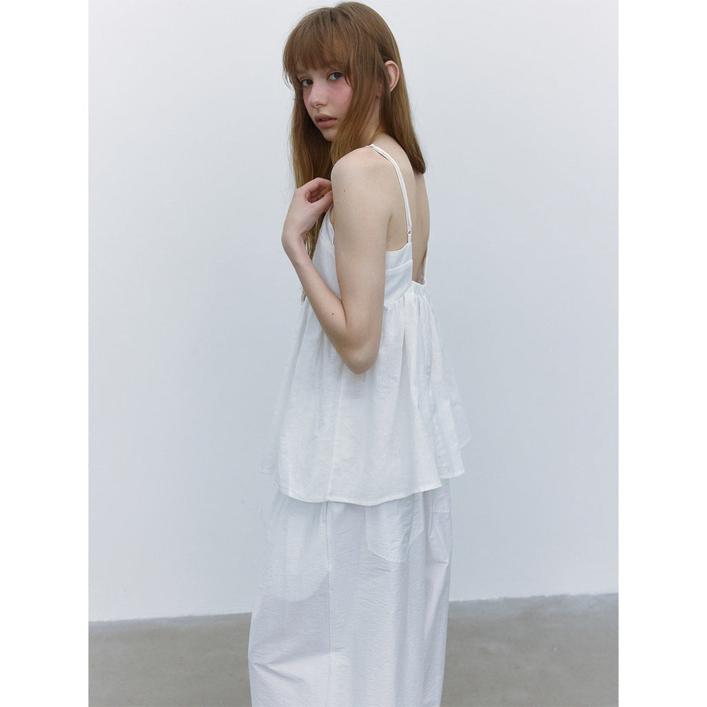 Summer casual double-root split ramie hollow solid color simple suspender top