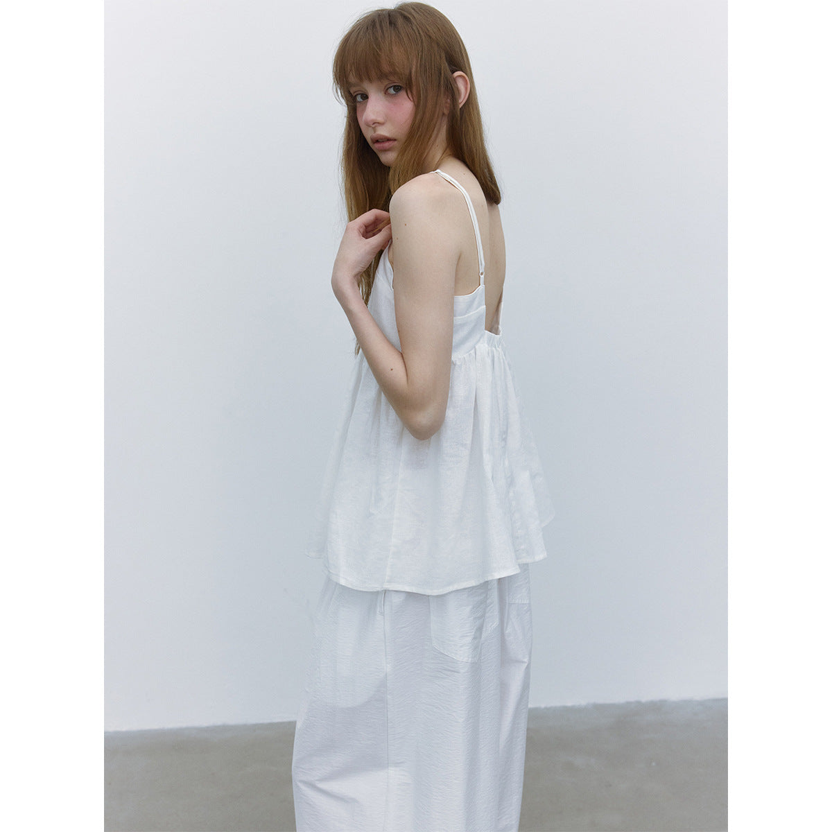 Summer casual double-root split ramie hollow solid color simple suspender top