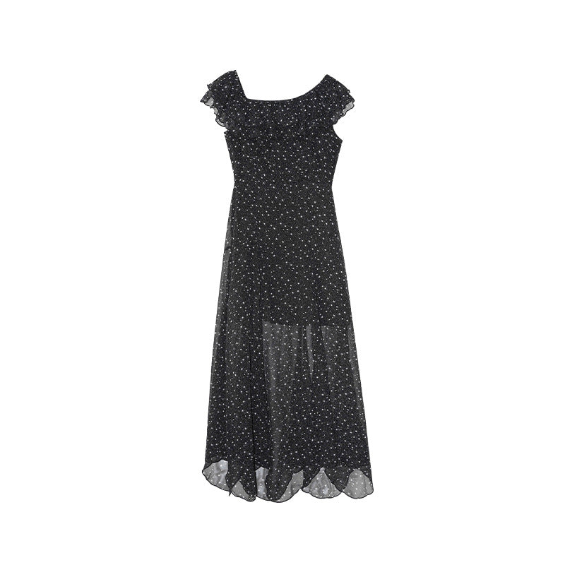 Summer French chiffon temperament polka dot long dress ruffle edge slanted shoulder dress