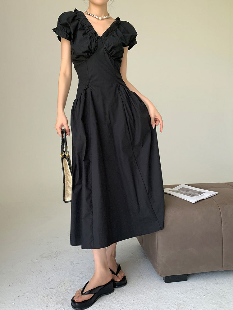 Summer coffee break French v-neck bubble sleeve dress women's summer high-end waist niche a-word long dress