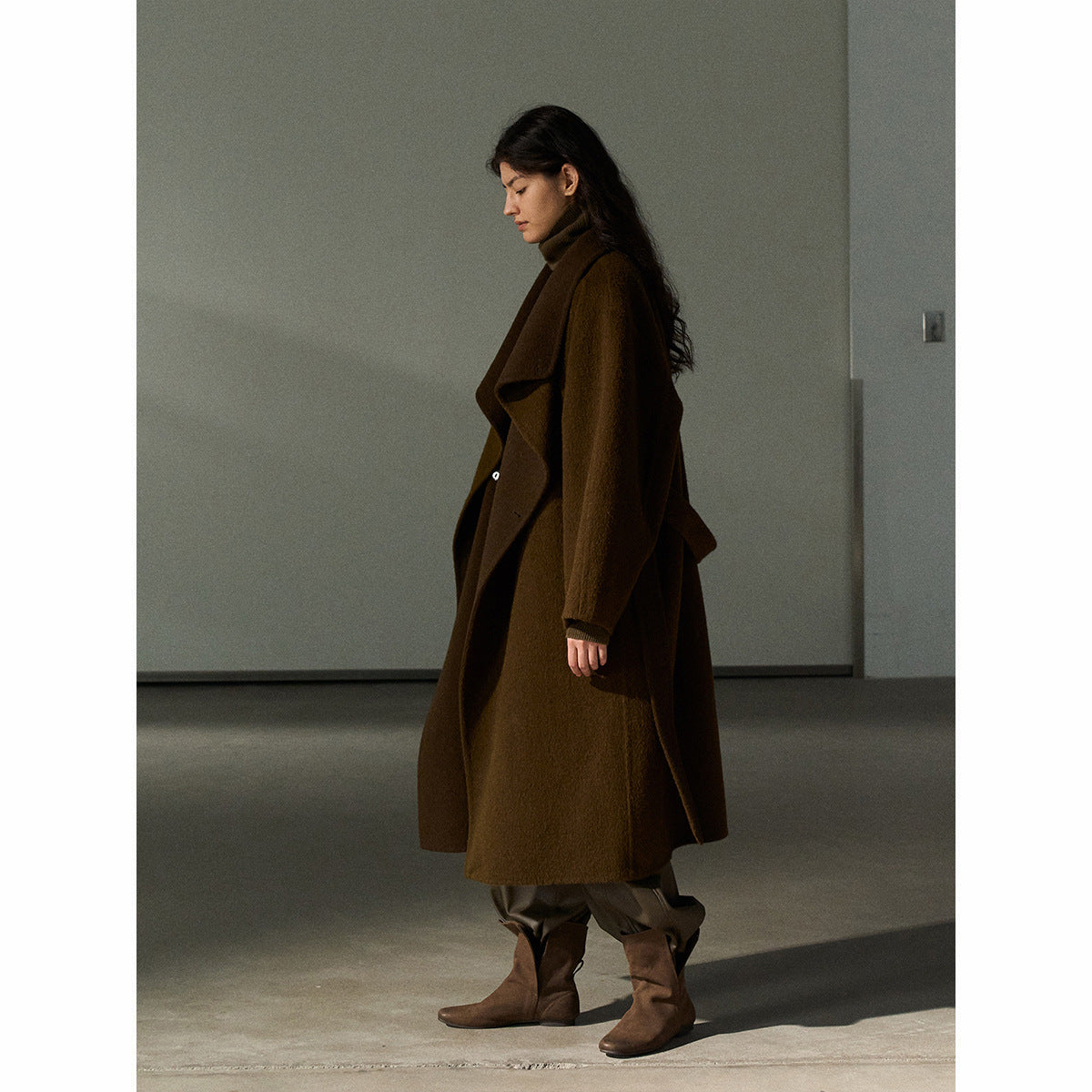 Silk Australian hair lapel double-sided woolen coat natural warm loose lace-up commuter jacket
