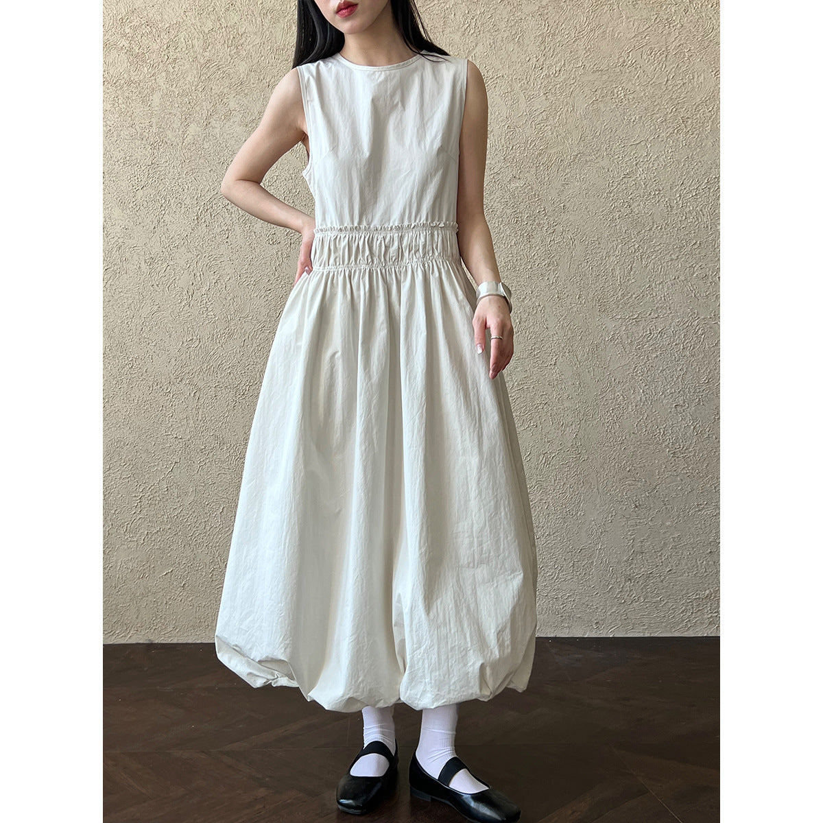 French design pleated splicing waist skirt spring and summer new fluffy bud vest dress