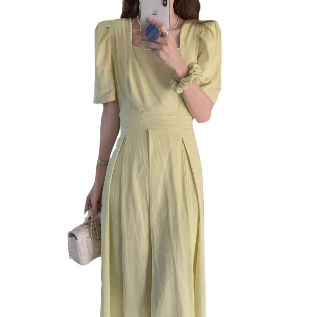 U-Neck Cotton Linen Dress Women Puff Sleeve Mid-Waist Long Skirt