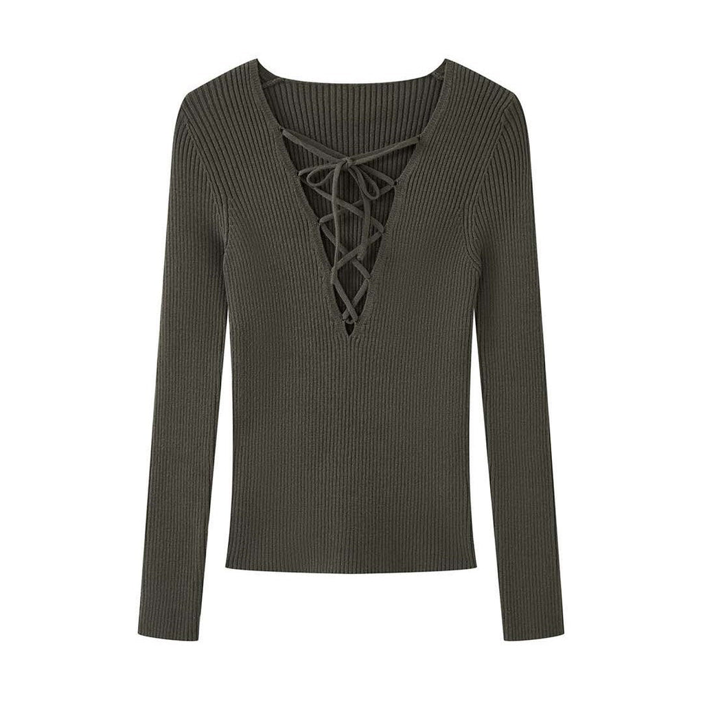 Modern cross-strap V-neck short knitted sweater slim-fitting top