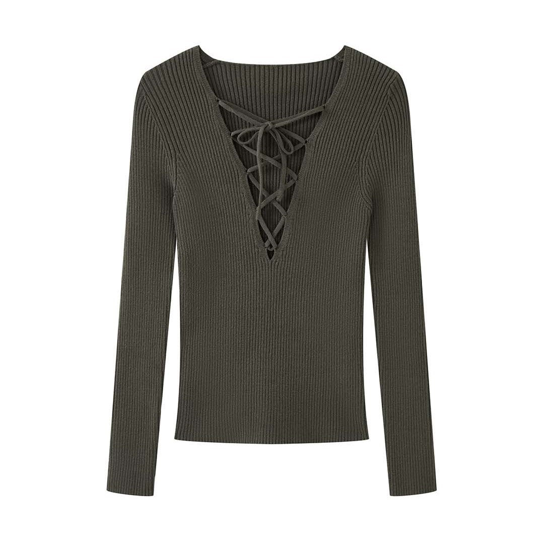 Modern cross-strap V-neck short knitted sweater slim-fitting top