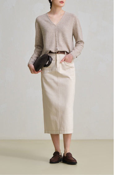 Loose round neck hoodless sweater women's classic white straight split denim skirt casual retro slim suit autumn