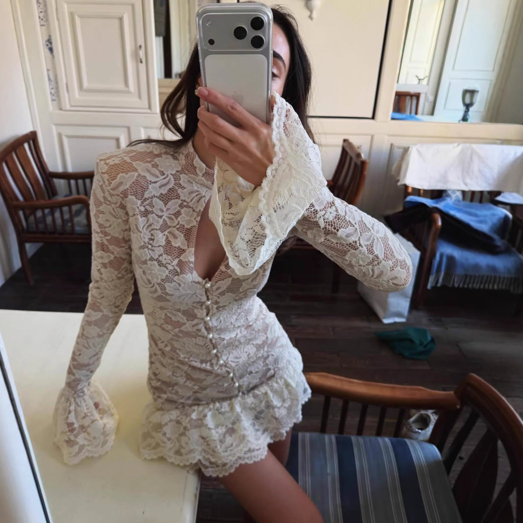 Lace flared sleeve dress stand-up collar hollow slim fit retro celebrity style hip skirt
