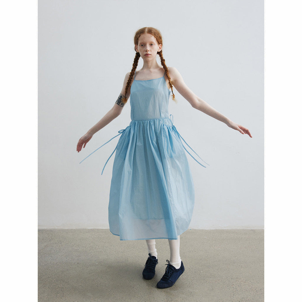 Summer new casual double-root sunscreen light and solid color medium and long suspender dress