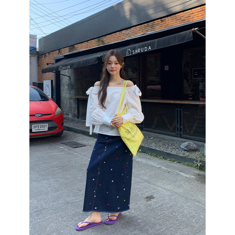 Early Spring French Coffee Break Beautiful Temperament Strap-on Shoulder Shirt