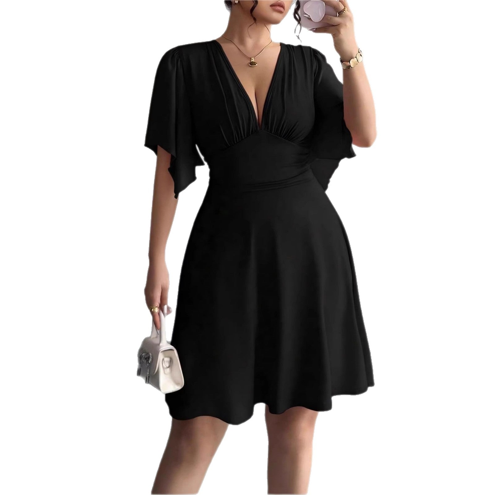 Spring and summer new deep V-neck lotus leaf sleeves solid color dress dress evening dress