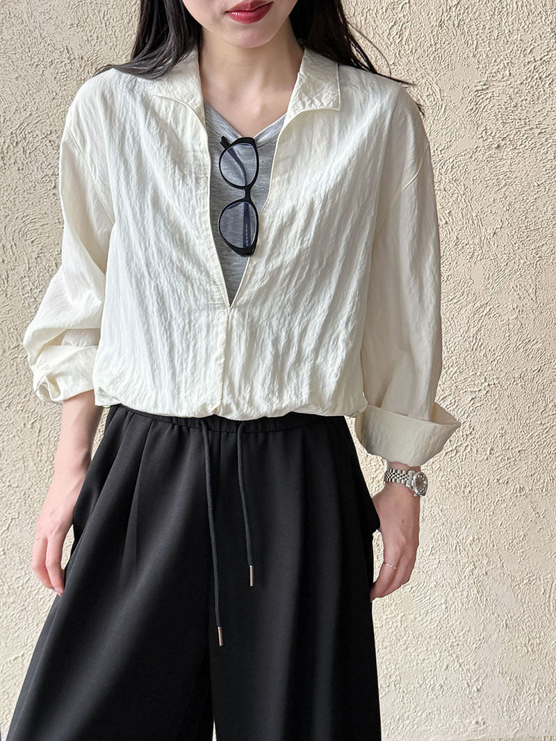 Korean simple fake two lazy style shirts in summer, a new spliced V-neck age-reducing long-sleeved shirt