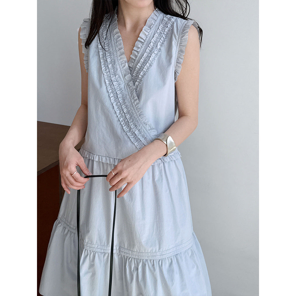 French oblique V-neck ruffle edge dress lace skirt women's spring new small fresh vest skirt