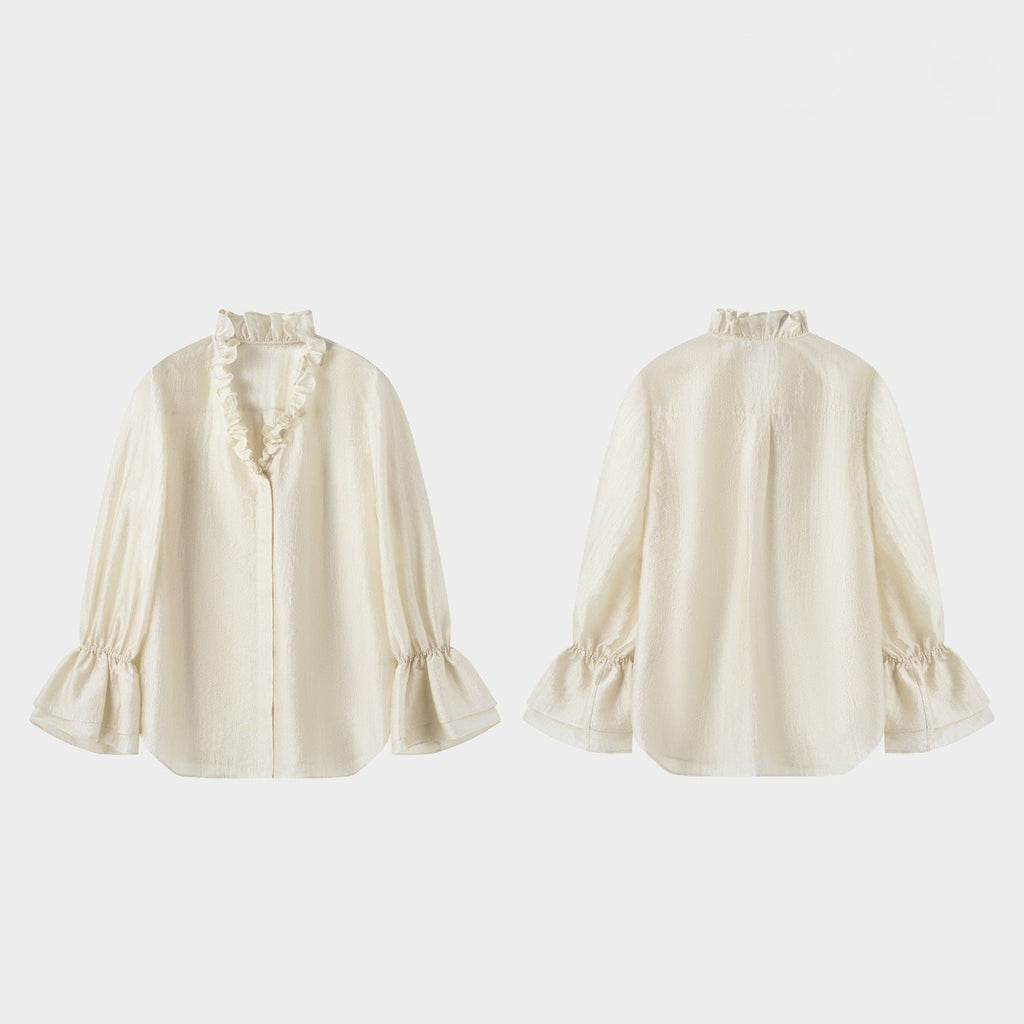 Spring and summer new romantic style luster cloud light satin fungus edge chicken heart collar light and slightly transparent shirt