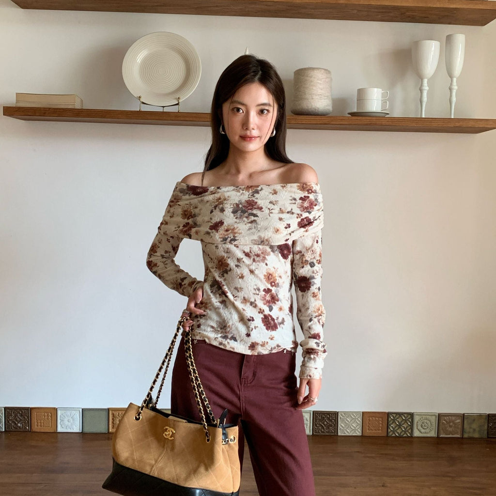 French coffee break beautiful and thin slim one-word shoulder floral bottoming shirt