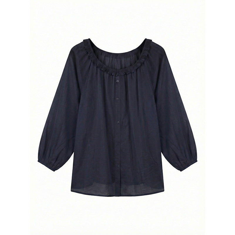 Ramie cotton ruffle leaf edge design shirt