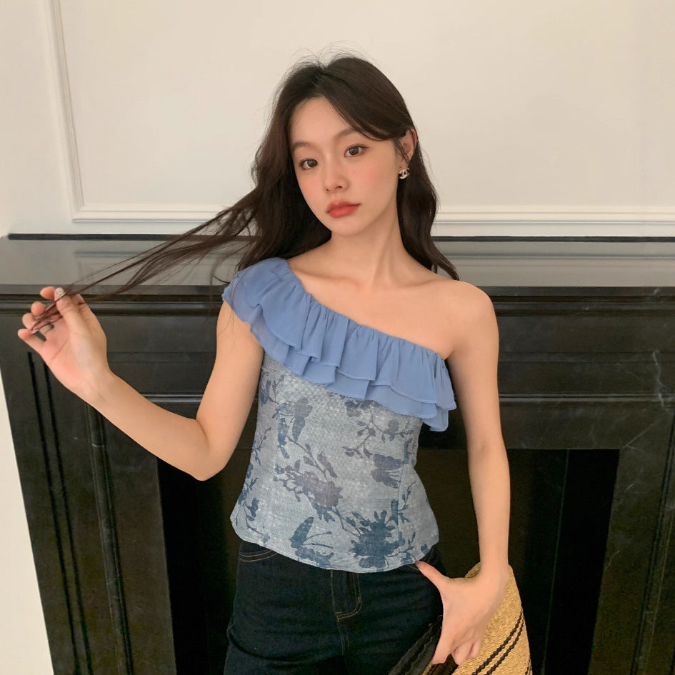 Beautiful shirt with off-the-shoulder floral ruffles