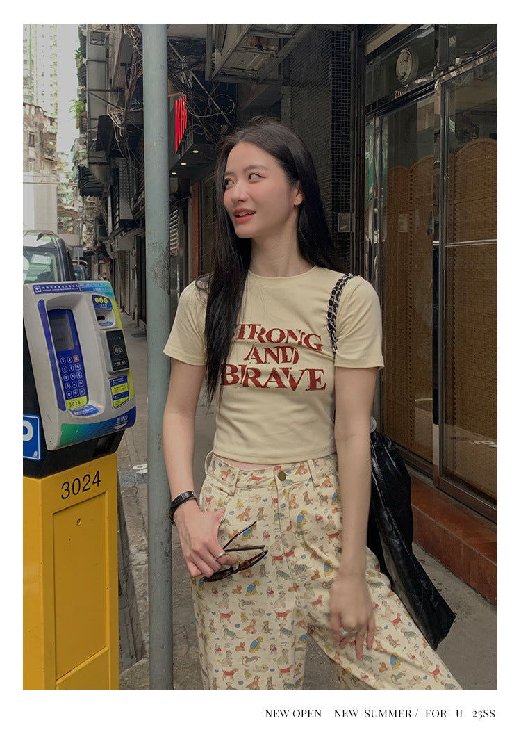 Letter print t-shirt women's short-sleeved fashion crew neck small top