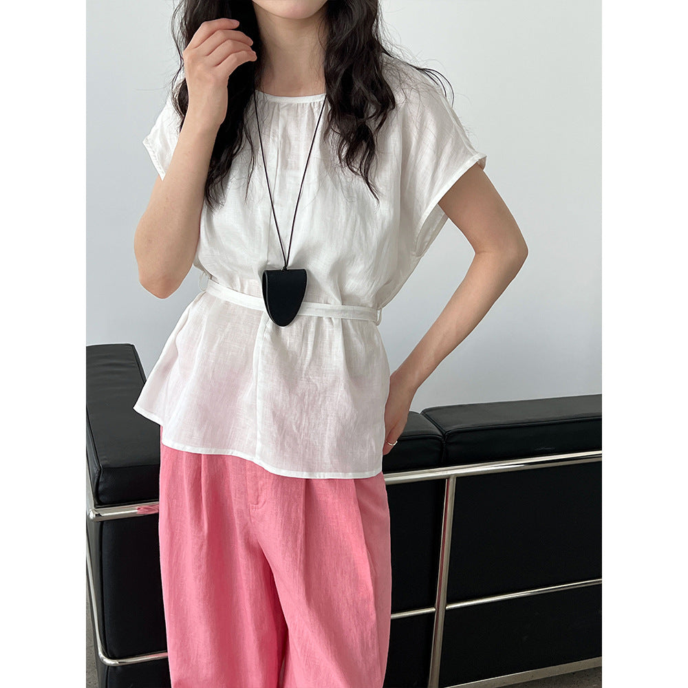 Tencel linen crew neck waist shirt women's summer new sleeveless vest upper belt short-sleeved shirt