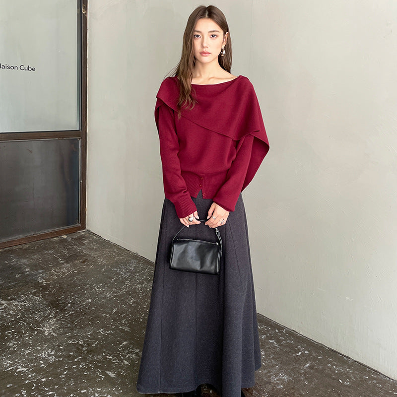 French temperament slanted shoulder slimming knitwear autumn and winter design shawl sweater