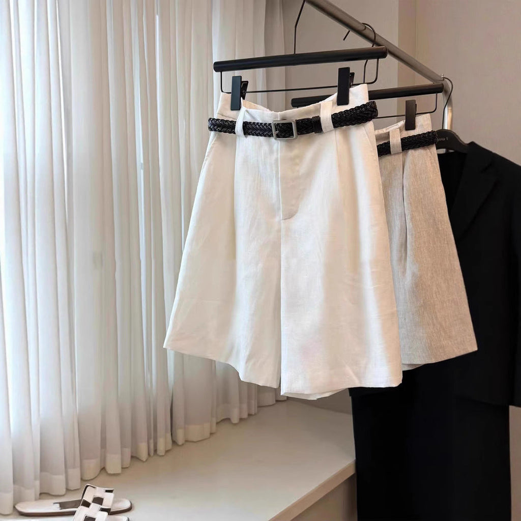 White linen high-waisted wide-leg shorts