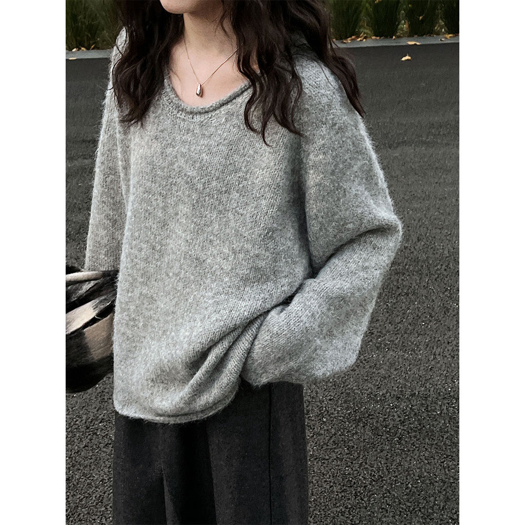 Korean loose v-neck soft waxy knitted inner with long-sleeved women's winter new casual curled top