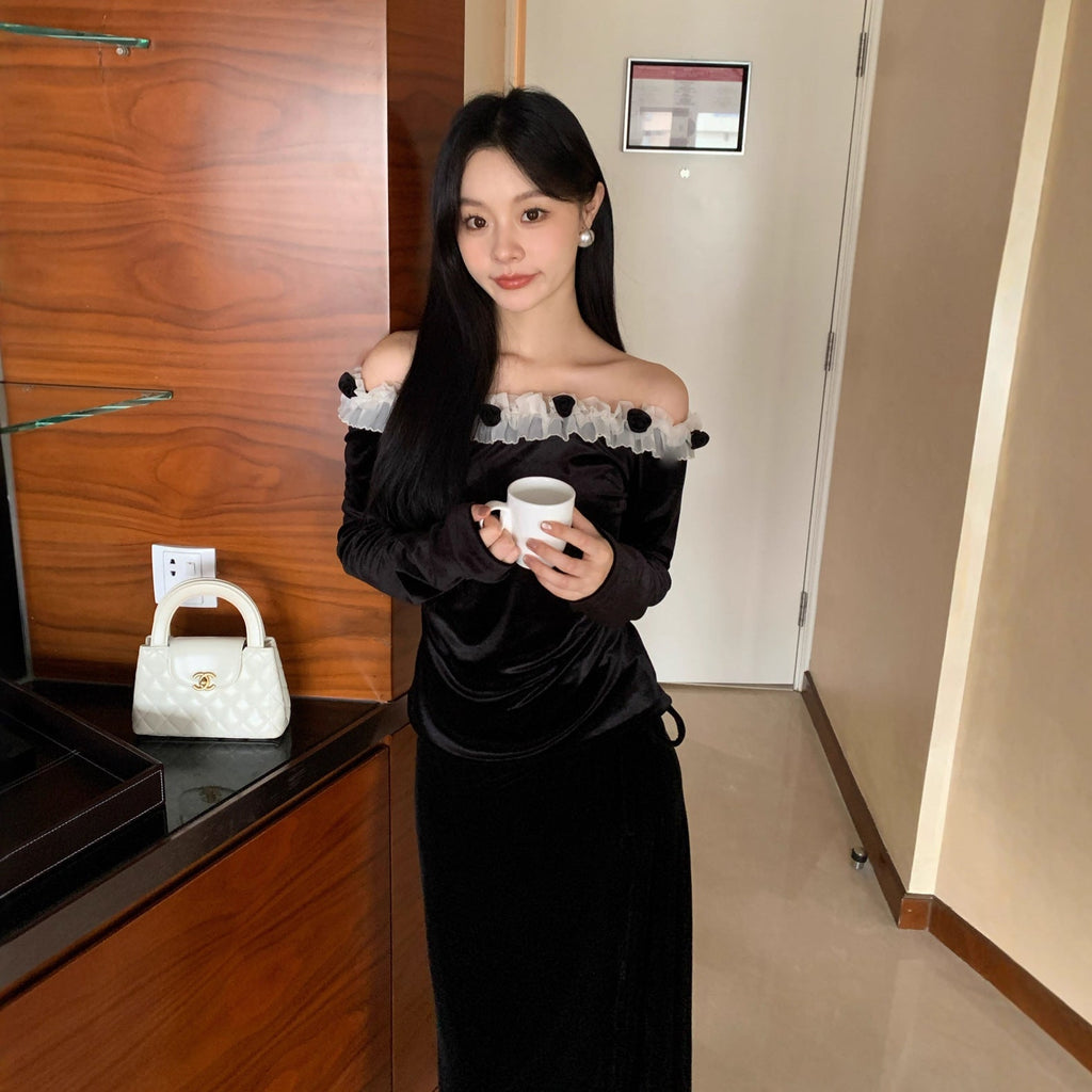 Temperament exquisite sexy one-word shoulder long-sleeved velvet top