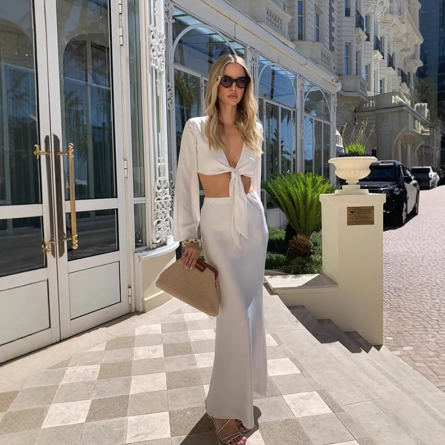New women's clothing strappy fashion V-neck long-sleeved cardigan top sexy skirt two-piece set