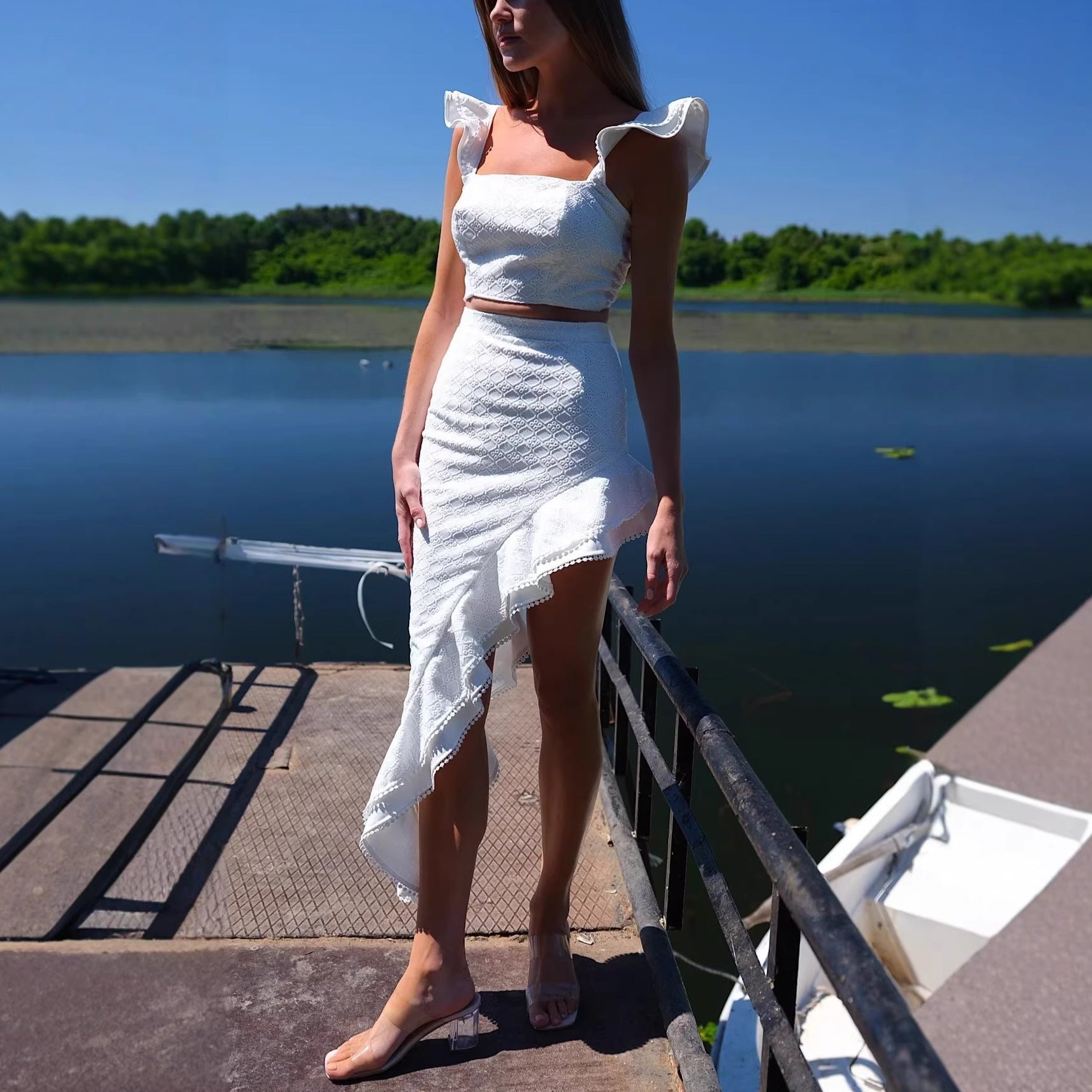 Special for jacquard flying sleeves short tops, irregular ruffle edge high waist skirt set
