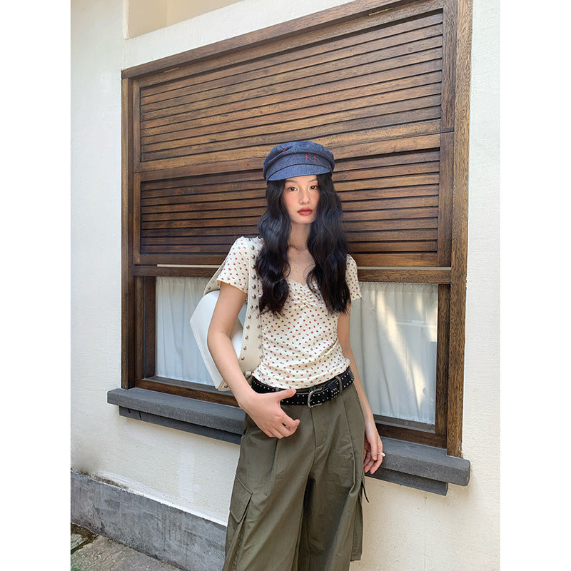 Sweet little woman floral square neck shirt short sleeve T-shirt