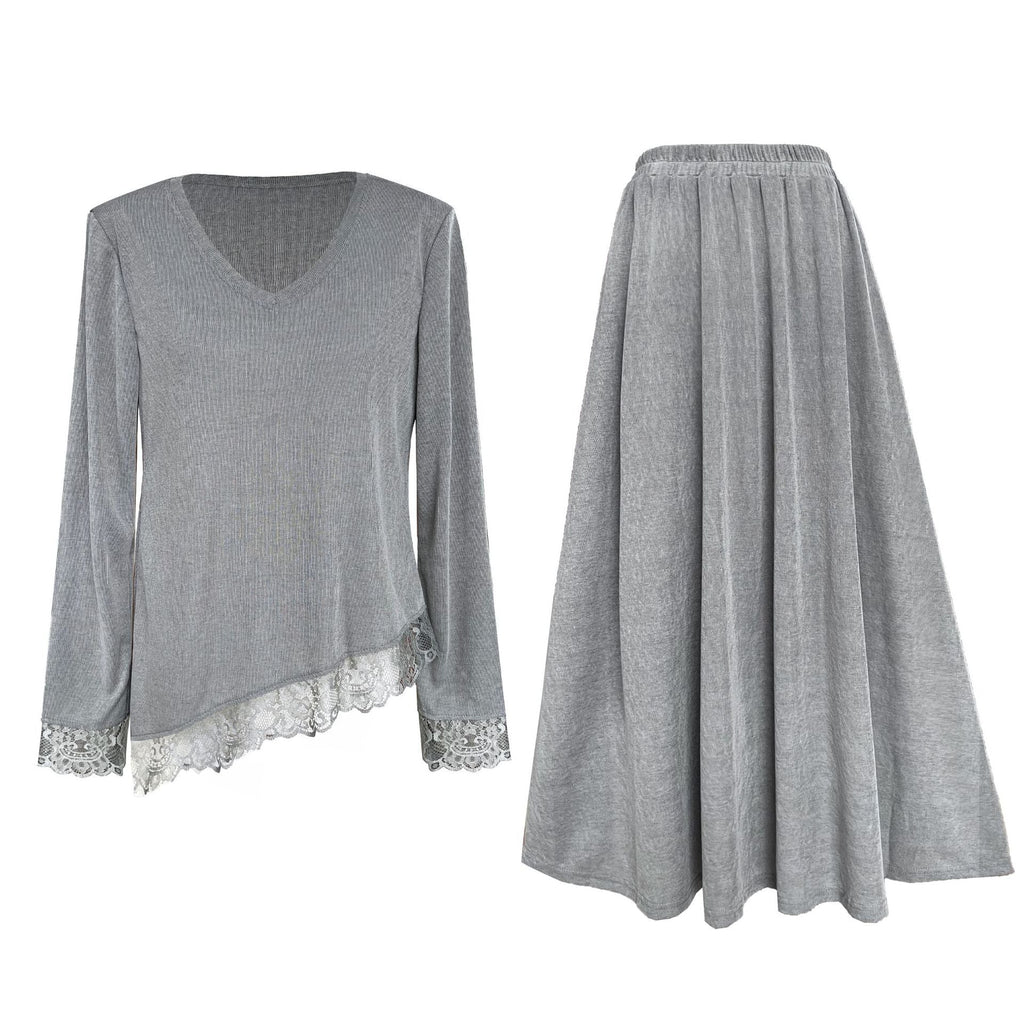 Giant Skinny Set~ Korean Lazy Slack Slant Hoop Lace Top + Skirt Two-piece Set