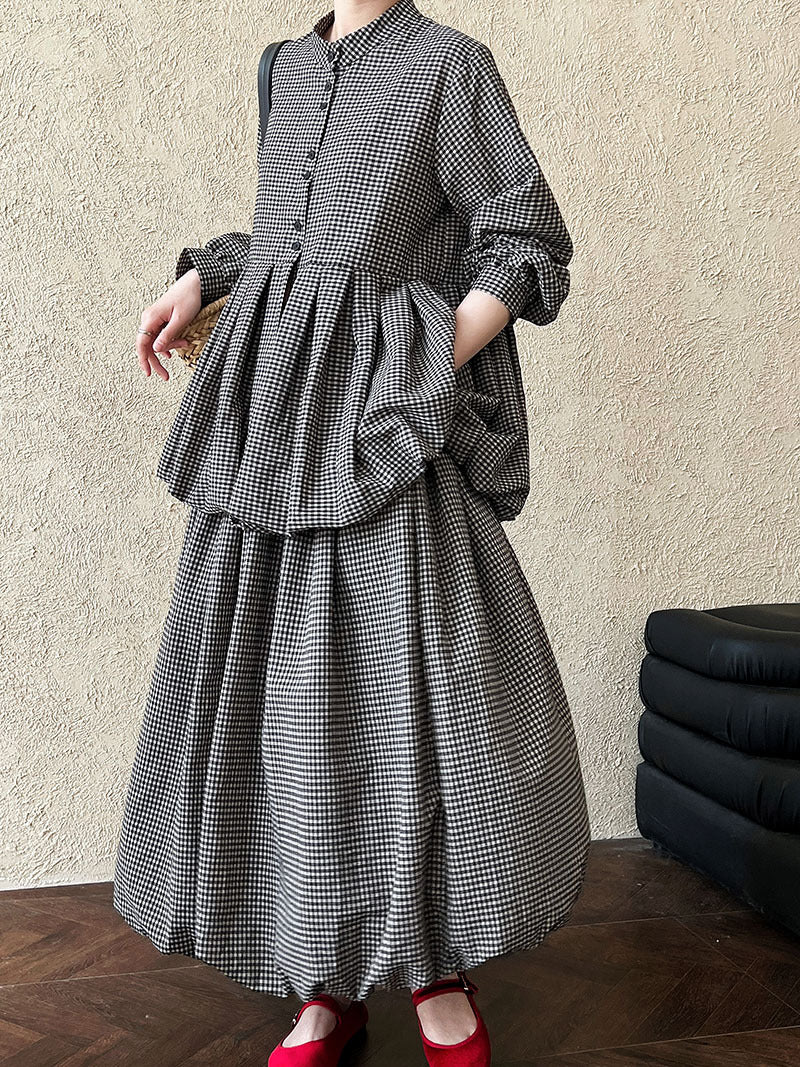 Vintage age-reducing plaid doll shirt top + bud skirt two-piece spring suit