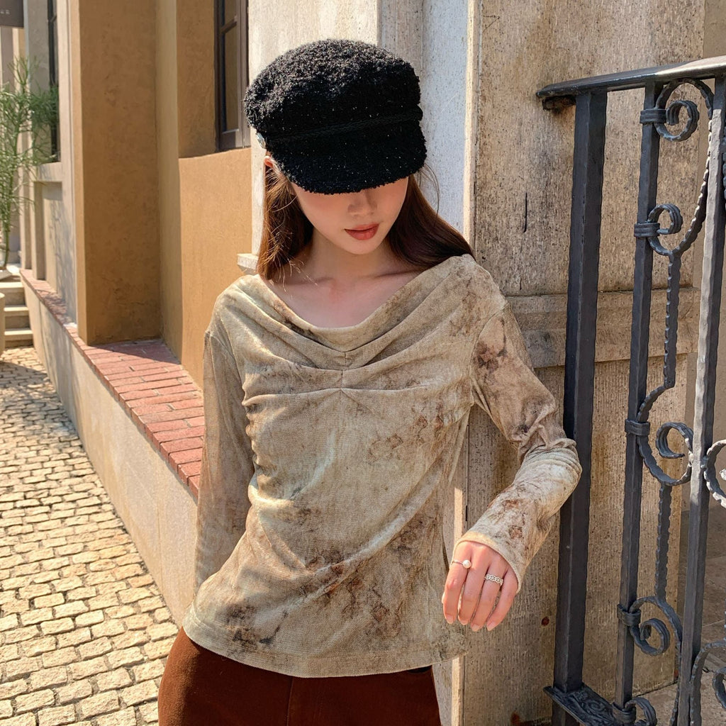 Old swinging collar slim-fitting pleated top bottoming shirt