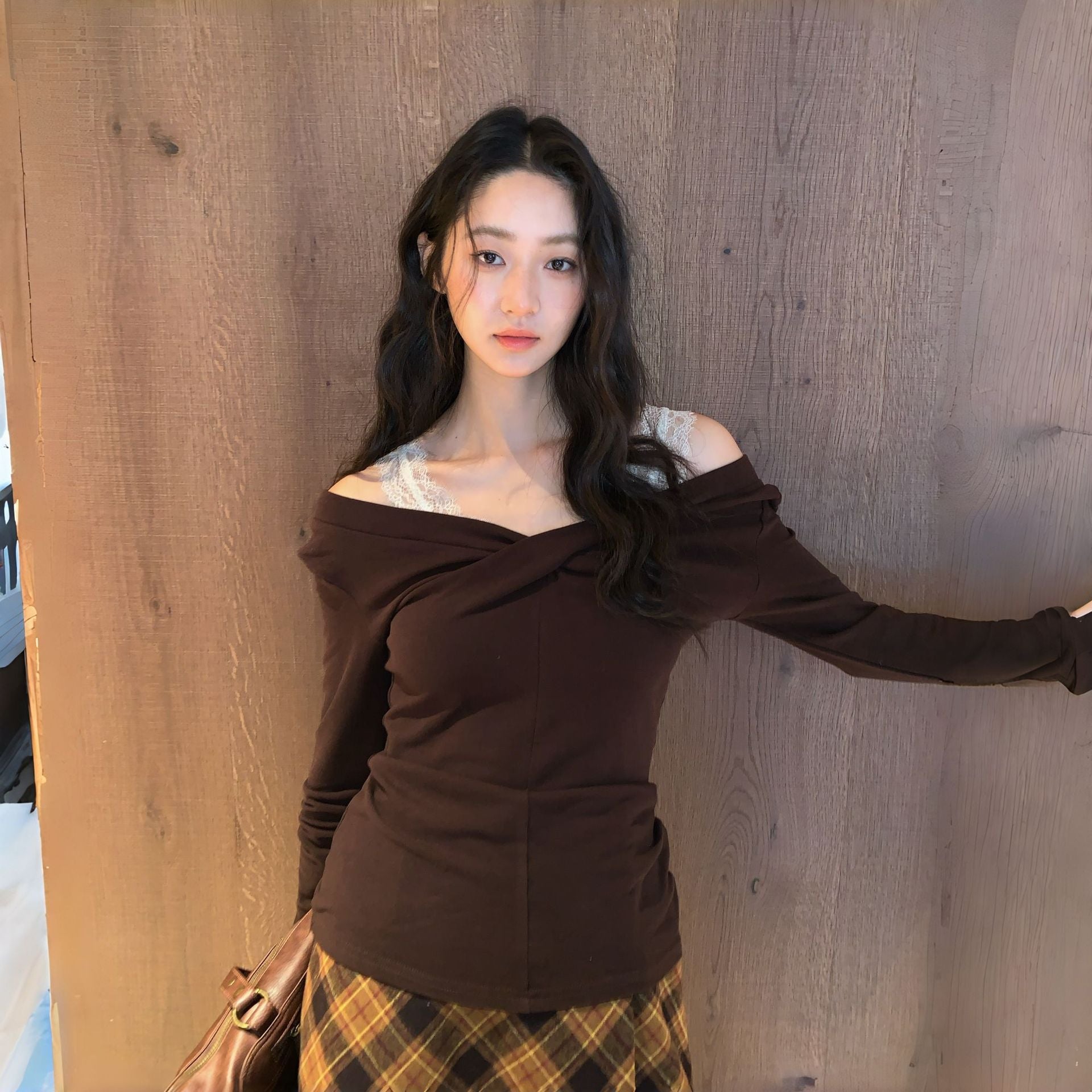 V-Neck Long Sleeve Lace Shoulder Strap Off-Shoulder Top