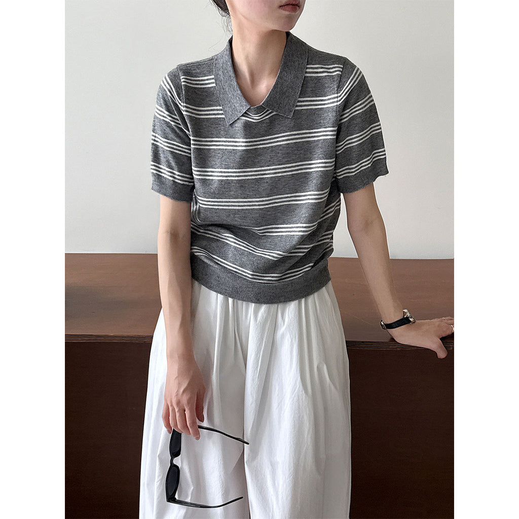 Korean striped lapel neck knitted sweater top women's autumn new contrasting color casual commuter short sleeve Tss746