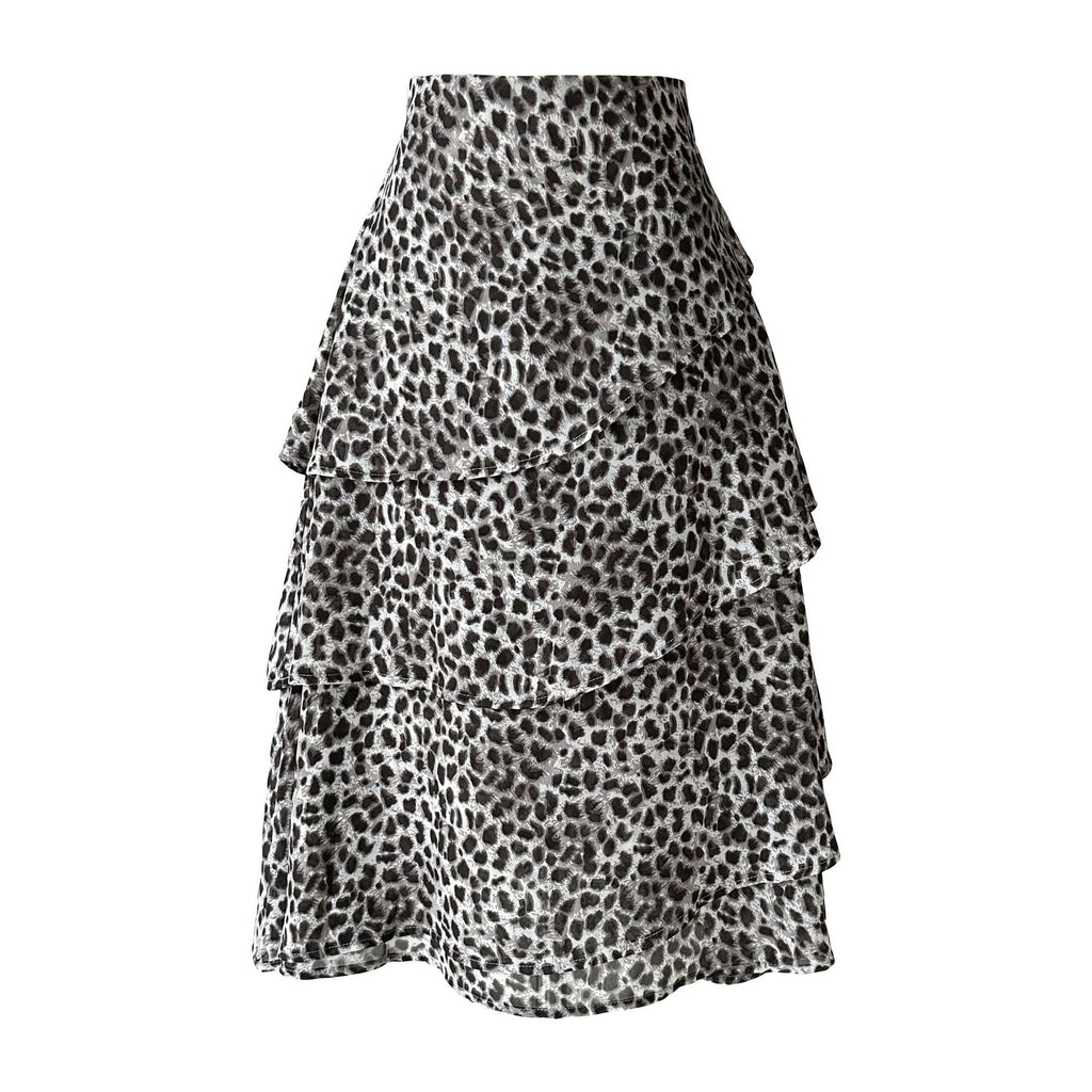 Irregular high-waisted chiffon leopard print skirt women's spring new ruffle leaf edge cake skirt A-shaped skirt