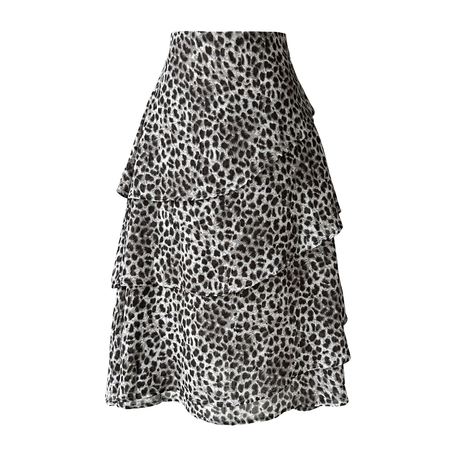 Irregular high-waisted chiffon leopard print skirt women's spring new ruffle leaf edge cake skirt A-shaped skirt
