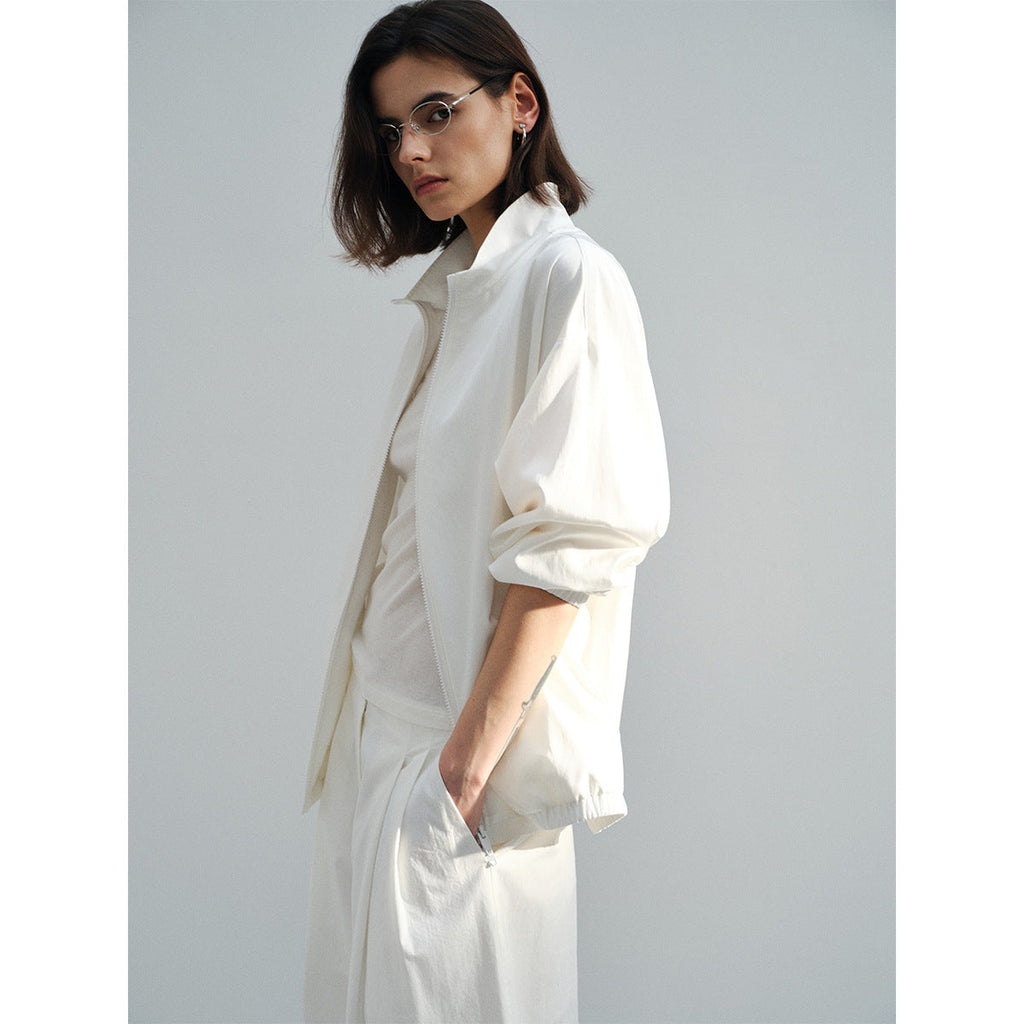 Spring solid color minimalist silk wool stand-up collar lazy slack jacket