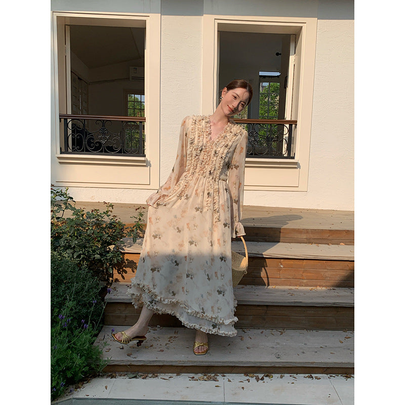 Coffee break drape fungus edge floral dress women