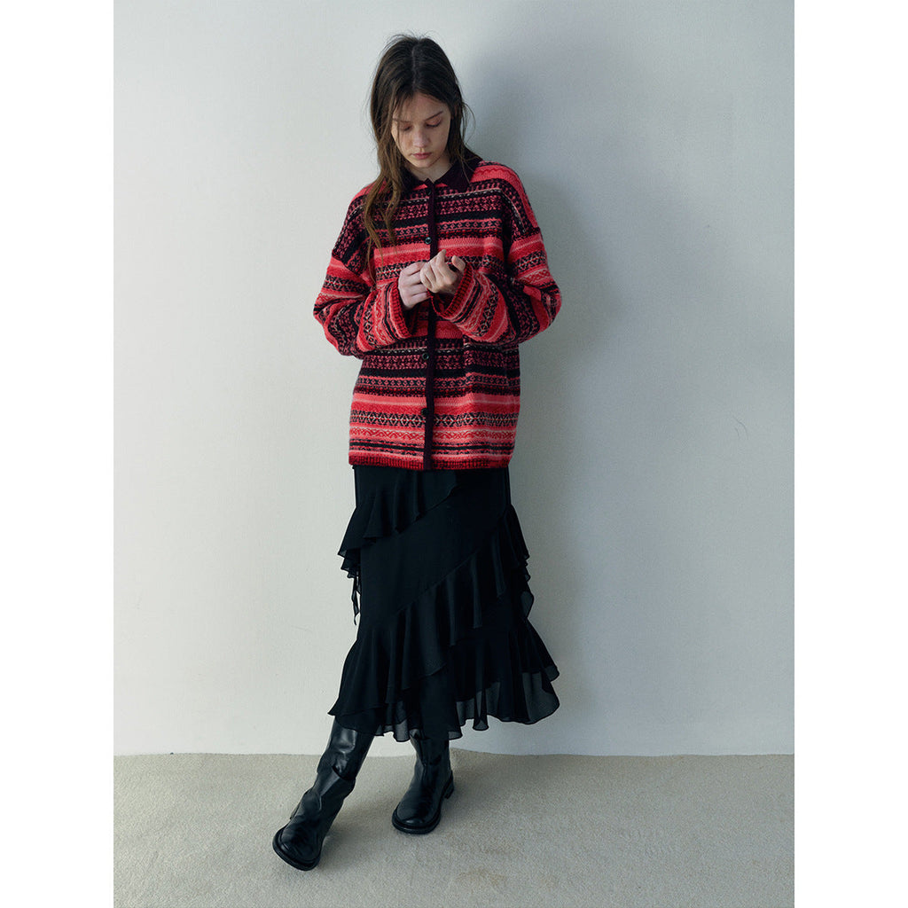 Winter new casual crew neck wool Fair Island floating line jacquard contrasting woolen cardigan