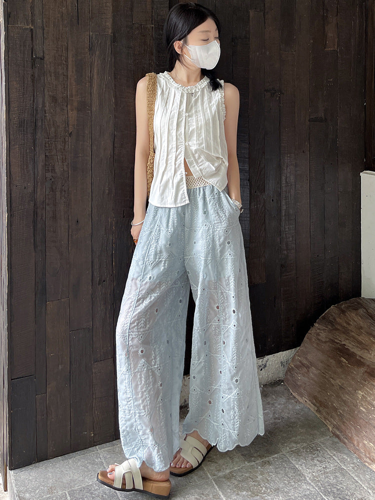 Thin heavy industry embroidered hook-cut hollow lace nine-point straight-leg pants