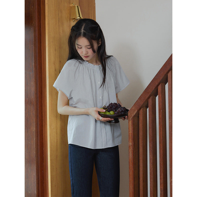 Japanese lazy fungus edge striped loose crew neck one-word neck shirt