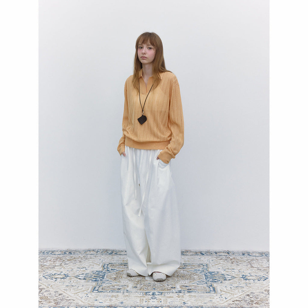 Autumn new casual cool hemp silk hole-picking polo collar thin micro-transparent knitted jumper