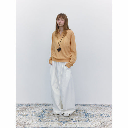 Autumn new casual cool hemp silk hole-picking polo collar thin micro-transparent knitted jumper