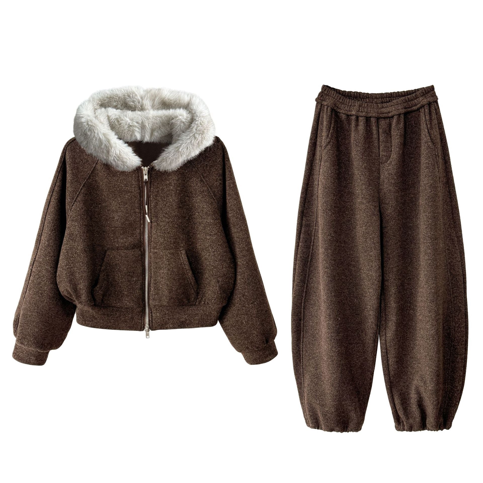Slack, lazy, fur-collared sweatshirt, jacket, scimitar, wide-leg pants, women's winter wool fleece casual suit 2153