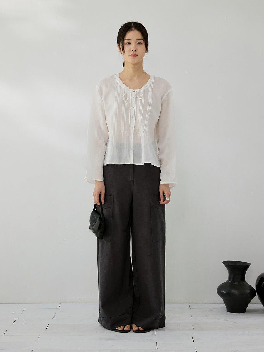 Tencel ramie pleated texture v-neck lazy lace shirt lazy shirt