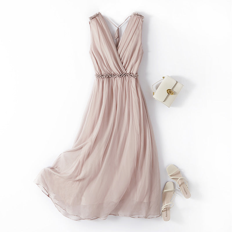 V-Neck Sleeveless Dress Women Mid Waist Mulberry Silk Maxi Two-Piece