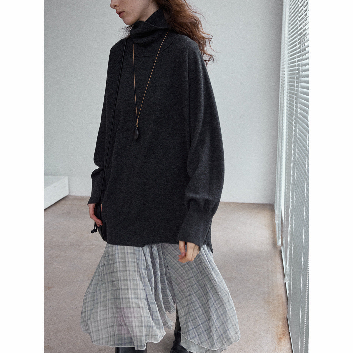 Autumn versatile commute drape skin-friendly contrasting color plaid asymmetrical diagonal swing skirt