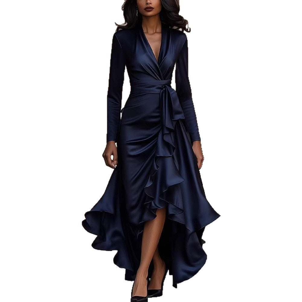 V-neck waist ruffle temperament dress