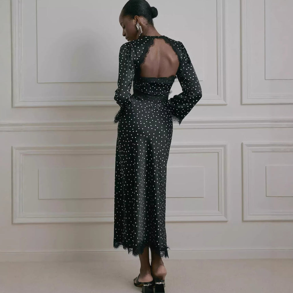 Spring Lace Polka Dot Print Dress Halter Sexy Spice Girl Long Sleeve Dress